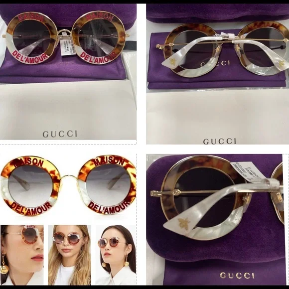 GUCCI UNSEX “ HOUSE OF LOVE HAVANA & PEARL LINE DETAILING ROUND SUNGLASSES